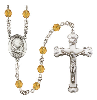 Silver Plated 6mm Fire Polished Holy Spirit Rosary in Topaz