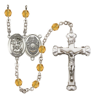 Silver Plated 6mm Fire Polished Saint Michael the Archangel/Policeman Rosary in Topaz