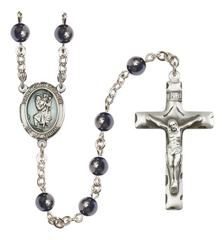 Hand Made Silver Plate Rosary with 6mm Hematite Beads featuring a Saint Christopher Center.