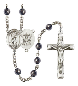 Saint Christopher and Navy Rosary with 6mm Hematite Beads