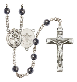 Silver Plated 6mm Hematite Saint Joan of Arc / Army Rosary