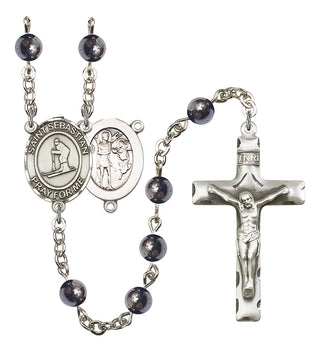 Saint Sebastian and Skiing Rosary with 6mm Hematite Beads