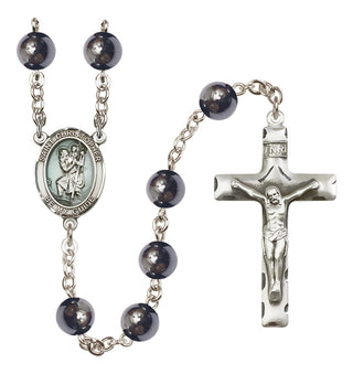Hand Made Silver Plate Rosary with 8mm Hematite Beads featuring a Saint Christopher Center.