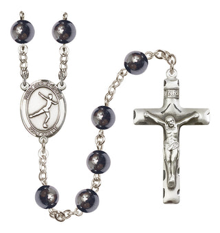 Hand Made Silver Plate Rosary with 8mm Hematite Beads featuring a Saint Christopher/Figure Skating Center.