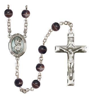 Hand Made Silver Plate Rosary with 7mm Brown Beads featuring a Saint Christopher Center.