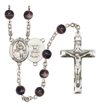 Silver Plated 7mm Brown Saint Joan of Arc / Navy Rosary