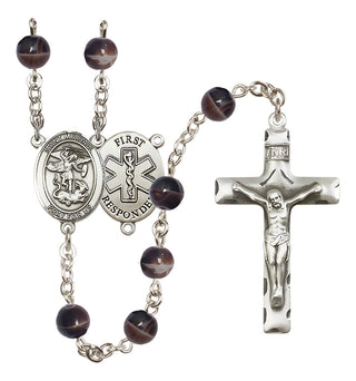Silver Plated 7mm Brown Saint Michael/1St Responder Rosary