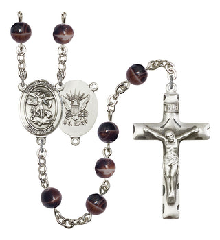 Saint Michael and Navy Rosary with Brown Beads