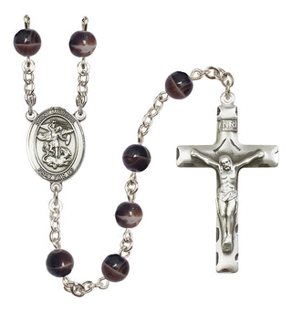 Silver Plated 7mm Brown Saint Michael the Archangel Rosary