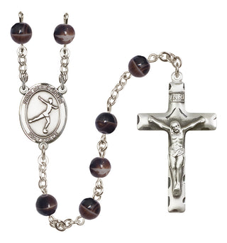 Hand Made Silver Plate Rosary with 7mm Brown Beads featuring a Saint Christopher/Figure Skating Center.