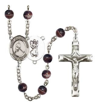 Saint Christopher and Ice Hockey Rosary with Brown Beads