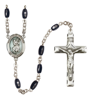 Hand Made Silver Plate Rosary with 8x5mm Black Onyx Beads featuring a Saint Christopher Center.
