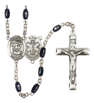 Silver Plated 8x5mm Black Saint Michael/1St Responder Rosary