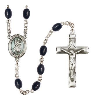 Hand Made Silver Plate Rosary with 8x6mm Black Onyx Beads featuring a Saint Christopher Center.