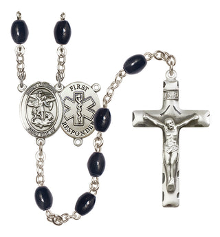 Silver Plated 8x6mm Black Saint Michael/1St Responder Rosary