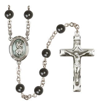 Hand Made Silver Plate Rosary with 7mm Black Onyx Beads featuring a Saint Christopher Center.