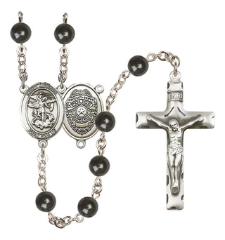 Silver Plated 7mm Black Saint Michael the Archangel/Policeman Rosary