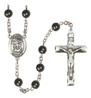 Silver Plated 7mm Black Saint Michael the Archangel Rosary