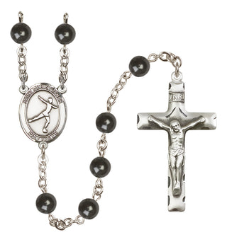 Hand Made Silver Plate Rosary with 7mm Black Onyx Beads featuring a Saint Christopher/Figure Skating Center.