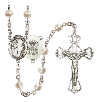 Silver Plated 6mm Faux Pearl Saint Brendan the Navigator/Navy Rosary