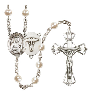 Silver Plated 6mm Faux Pearl Saint Camillus of Lellis / Nurse Rosary