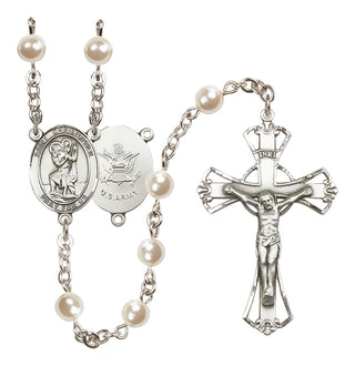 Silver Plated 6mm Faux Pearl Saint Christopher / Army Rosary