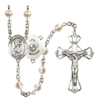 Silver Plated 6mm Faux Pearl Saint Christopher / Marines Rosary