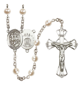 Silver Plated 6mm Faux Pearl Saint George / Air Force Rosary