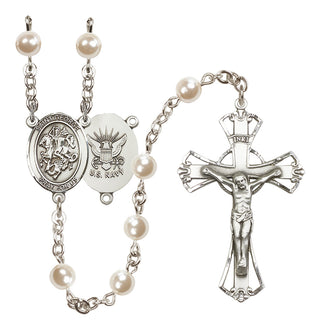 Silver Plated 6mm Faux Pearl Saint George / Navy Rosary