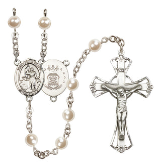 Silver Plated 6mm Faux Pearl Saint Joan of Arc / Air Force Rosary