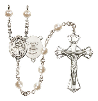 Silver Plated 6mm Faux Pearl Saint Joan of Arc / Navy Rosary