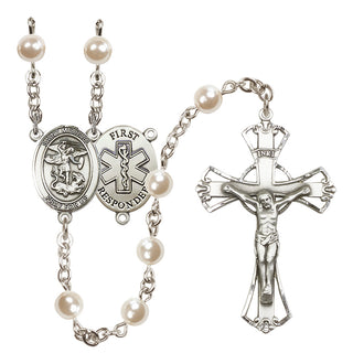 Silver Plated 6mm Faux Pearl Saint Michael/1St Responder Rosary