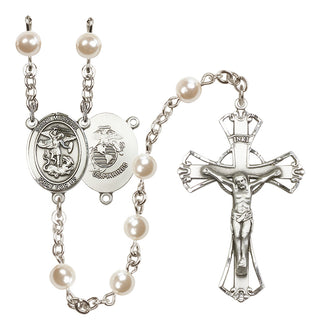Silver Plated 6mm Faux Pearl Saint Michael / Marines Rosary