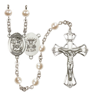 Silver Plated 6mm Faux Pearl Saint Michael / Navy Rosary