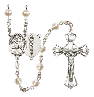 Silver Plated 6mm Faux Pearl Saints Cosmas & Damian / Doctors Rosary