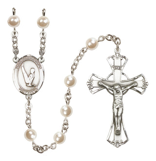 Silver Plated 6mm Faux Pearl Saint Christopher/Gymnastics Rosary