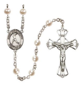 Silver Plated 6mm Faux Pearl Saint Christopher/Baseball Rosary