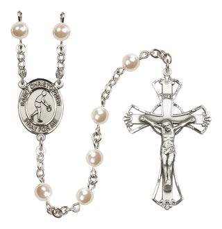 Silver Plated 6mm Faux Pearl Saint Christopher/Basketball Rosary