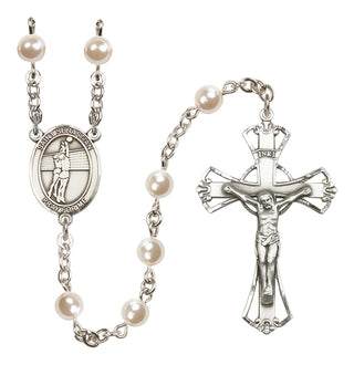 Silver Plated 6mm Faux Pearl Saint Sebastian / Volleyball Rosary