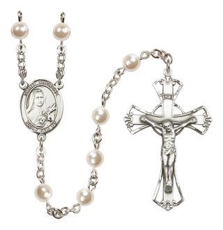 Silver Plated 6mm Faux Pearl Saint Therese of Lisieux Rosary