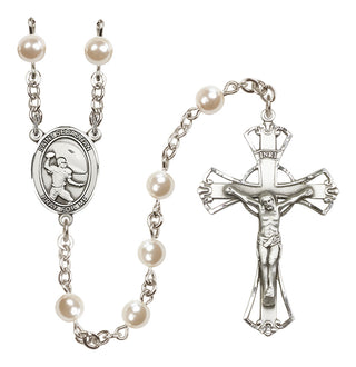 Silver Plated 6mm Faux Pearl Saint Sebastian / Football Rosary