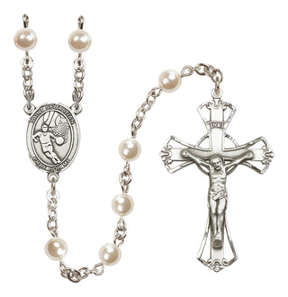 Silver Plated 6mm Faux Pearl Saint Sebastian/Basketball Rosary