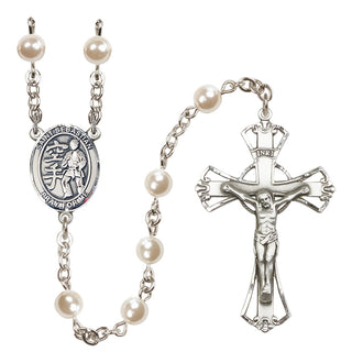 Silver Plated 6mm Faux Pearl Saint Sebastian/Karate Rosary