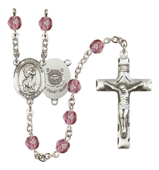 Silver Plated 6mm Fire Polished Saint Christopher / Coast Guard Rosary in Amethyst