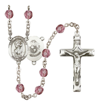Silver Plated 6mm Fire Polished Saint Christopher / Marines Rosary in Amethyst