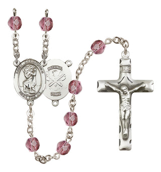 Silver Plated 6mm Fire Polished Saint Christopher / Nat'l Guard Rosary in Amethyst