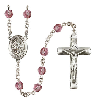 Silver Plated 6mm Fire Polished Saint George Rosary in Amethyst
