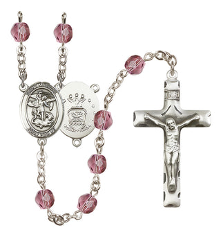 Silver Plated 6mm Fire Polished Saint Michael / Air Force Rosary in Amethyst