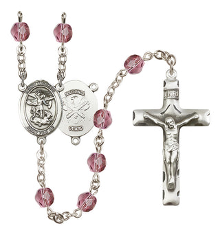 Silver Plated 6mm Fire Polished Saint Michael / Nat'l Guard Rosary in Amethyst