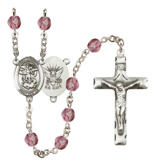 Silver Plated 6mm Fire Polished Saint Michael / Navy Rosary in Amethyst